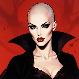 portrait of bald iranian vampiress, strong line, saturated color, beautiful! coherent! by frank frazetta, high contrast, blood splatter background