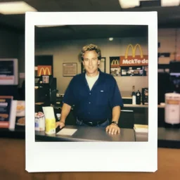 alex trebec working the front counter of mcdonald's ready to take your order, eighties polaroid, flash photography, photorealistic, kodachrome