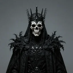 centered portrait of the Shadow King, crown made of shadows, cloak, skull mask, realistic character concept, high fantasy, gothic, dark atmosphere, medium shot, symmetrical face, cinematic lighting, hyperdetailed, high resolution, insanely detailed and intricate, artstation, octane render, 8k, unreal engine