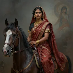 portrait painting of a nepali female warrior, wearing sari, riding a horse, ultra realistic, concept art, intricate details, eerie, highly detailed, photorealistic, octane render, 8 k, unreal engine. art by artgerm and greg rutkowski and alphonse mucha