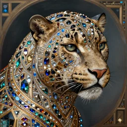 a beeple masterpiece baroque neoclassicist closeup renaissance portrait of a striking art deco panther. tilt shift, reflective detailed textures, elaborate geometric ornament, highly detailed fantasy science fiction painting, hyperrealism photorealistic, resembling a high resolution photograph, covered with precious stones