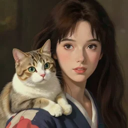 a portrait of a beautiful woman with a handsome cat on her shoulder illustrated by miyazaki by karol bak, james jean, tom bagshaw, rococo, sharp focus, trending on artstation, cinematic lighting, hyper realism, octane render, 8 k, hyper detailed, vivid, ultra detailed, highly detailed