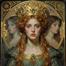 detailed realistic beautiful young medieval queen face portrait by jean delville, tom bagshaw, brooke shaden, gustave dore and marco mazzoni, art nouveau, symbolist, visionary, gothic, pre - raphaelite, ornate gilded medieval icon, surreality, ethereal, unearthly, haunting, celestial, neo - gothic, ghostly, memento mori, eerie, otherworldly, medium shot