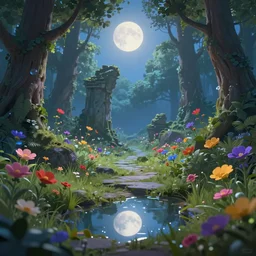 An enchanted forest, colorful flowers, pathway, reflection, moonlight, fantasy scene, clear sky, illustration, depth of field, ruins, soft light, high definition, detailed, 8k, Artstation, fantasy art