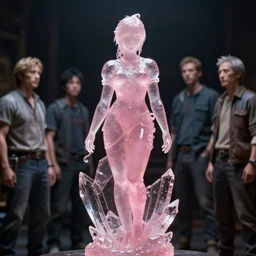 A fancy portrait of a pink crystal statue of a women by Greg Rutkowski, beeple, Sung Choi, Mitchell Mohrhauser, Maciej Kuciara, Johnson Ting, Maxim Verehin, Peter Konig, final fantasy, macro lens , 8k photorealistic, cinematic lighting, HD, high details, dramatic, dark atmosphere, trending on artstation