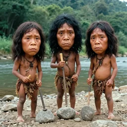 a full - body portrait of little cuties 3 times oversized head caveman make stone tools at the river bank, a colorized photo, colorized, # film, movie still