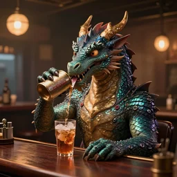 a anthropomorphic dragon drinking in a bar Trending on artstation DeviantArt Pinterest furaffinty Photorealistic HD 8k highlights and shadow detailed High Resolution
