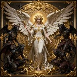 portrait of a angel surrounded by demons, Dark Souls 3 themed, insanely detailed and intricate, golden ratio, elegant, ornate, luxury, elite, ominous, haunting, matte painting, cinematic, cgsociety, James jean, Brian froud, ross tran, Laputa