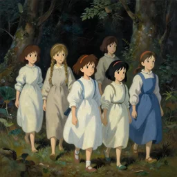 various beauty little russian girls in dress walking in forest at night, very detailed oil painting by studios ghibli, leonardo da vinci, takato yamamoto and makoto shinkai, inspired by balthus and made in abyss, anatomically correct, soft color pallet, sharp focus, extremely coherent, fantasy, realistic, smooth, suspenseful mood