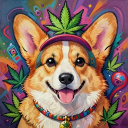 beautiful anime painting of hiphop corgi psychedelic god of cannabis, by noah bradley, patrick woodroffe, posuka demizu, qing han, trending on artstation, 8 k, masterpiece, graffiti paint, fine detail, full of color, intricate detail, golden ratio illustration, face enhance
