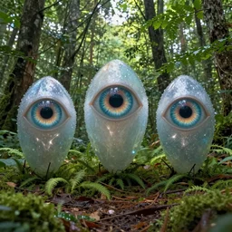 bright forest, sparkling three eyed spirits, detailed wide shot, bright colors, ground detailed, wet eyes reflecting into eyes reflecting into infinity, beautiful lighting