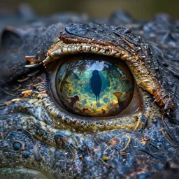 macro photography of an alligator eye which is a portal to another world, the world filled with dark creatures, cinematic light, highly detailed, sharp focus, high resolution