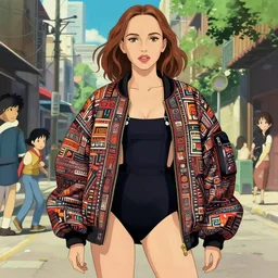a beautiful! boyish! natalie portman alluring gravure! model, aztech street fashion oversized mayan bomber jacket and leotard with overalls, bulky poofy bomber jacket with mayan patterns, gapmoe yandere grimdark, trending on pixiv fanbox, painted by greg rutkowski makoto shinkai takashi takeuchi studio ghibli, akihiko yoshida