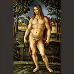 a Greek man with long brown hair, full body, Sandro Botticelli