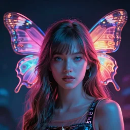 neon butterfly girl, by weta fx, by wlop, majestic look, cinema 4 d, cinematic