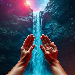 hands cupping a waterfall from the universe, photography, photoshoot, electric colors