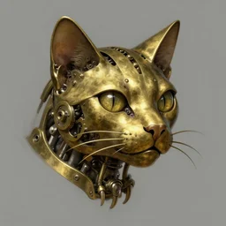 drawing of a brass mechanical feline head and claws, concept art by ian miller, artstation, sots art, steampunk, concept art, da vinci, greg rutkowski
