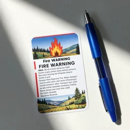 fire warning label, blue ballpoint pen
