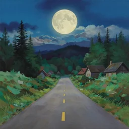 empty village runway panorama in the woods with dramatic sky and giant moon, painting by rutkowski ghibli pixar disney ghibli gouache painting