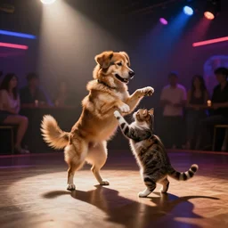 dog and cat dancing in a night club