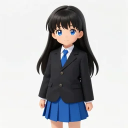 japanese style, a 1 5 - year - old girl with long black hair, wearing a black uniform and sky blue short skirt, blue pupils, blue tie, carrying a black backpack, at the tram station, thin face, high light eyes, face, surrealism, movie level realism, virtual engine 5, fine texture, real light and dark composition, mixer rendering