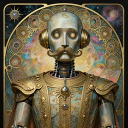 1 9 6 9 r 2 d 2 robot, large metal mustache, muted colors, benevolent, nebula background, glowing eyes, detailed realistic surreal retro robot in full regal attire. face portrait. art nouveau, visionary, baroque, giant fractal details. vertical symmetry by zdzisław beksinski, alphonse mucha. highly detailed, realistic