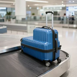 a blue suitcase on a conveyor in an airport
