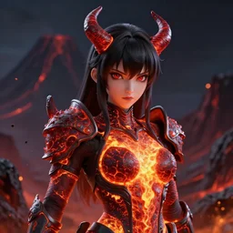 portrait focus of demon beautiful 3D anime girl, Molten lava armor wearing, dark volcano background, ash falling, bokeh, inspired by Masami Kurumada, digital painting, high contrast, unreal engine render, volumetric lighting, high détail