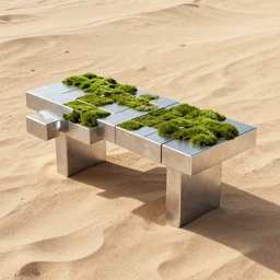 a modern table made of rectangle tetris, made of silver steel and moss, octane render, trending on artstation, on the rough desert sand