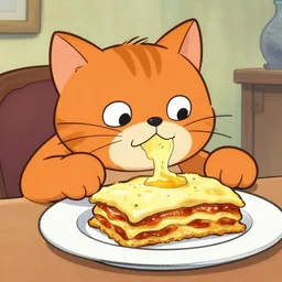 detailed stylized cartoon of lazy orange cat eating lasagna by jim davis