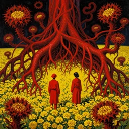 two people in red desert captured by massive intricate mystical roots of in a sea of yellow flowers, surrounded by swirls of prickly flowers, dramatic, highly detailed, intricate, surreal, painting by Franz Marc, part by Yoji Shinkawa, part by Norman Rockwell