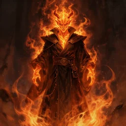 A digital painting of a fire genassi man, fire demon, sorcerer in dark robes, centered composition, by Stanley Artgerm Lau, frank frazetta, Rossdraws, James Jean, gerald brom, Andrei Riabovitchev, Marc Simonetti, trending on artstation
