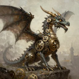 steampunk dragon made of clockwork gears. whimsical fantasy art. award winning painting. highly detailed digital art. masterpiece. trending on artstation