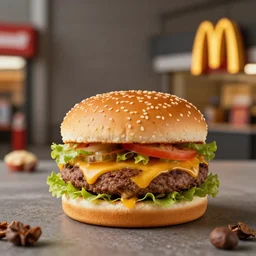 juicy burger from a fast food restaurant, depth of field, food photography, street photography, isometric, tasty, mcdonalds, wide shot, studio, bokeh, gmaster, cooking, realistic, food, kodak, sony, canon