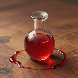 a glass vial of magical red potion on a wood table, caustics, concept art by greg rutkowski trending on artstation