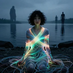 liminal!!, portrait, shore of the lake, woman, wrapped around by glowing tubes and cables, short black curly hair, glowing rgb, by edgar maxence and ross tran, zdzisław beksinski, and michael whelan, distant, gustav dore, h. r. giger, 8 k, octane render