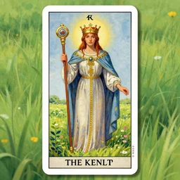 the empress tarot card art, the beautiful crowned embodiment of feminine strength holding her staff of power rests in a lush green field, 8 k resolution digital painting, vibrant colors, by alena aenami, by michael whelan, behance hd, trending on artstation deviantart