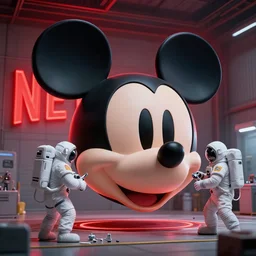 beeple created image of a huge mickey mouse head being repaired by astronauts in a large garage with a red glowing netflix sign behind it, red glow lighting, 8 k, unreal engine, ultra high details