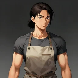 portrait of a short muscular Japanese woman with a short ponytail wearing a gray t shirt and a work apron, dramatic lighting, illustration by Greg rutkowski, yoji shinkawa, 4k, digital art, concept art, trending on artstation