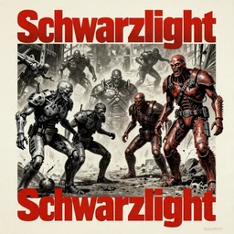 Poster for the Movie Schwartzlicht,about Chinese Russian Zombie Troopers Designed By Yasushi Nirasawa battle Japanese America Cyborgs Designed by Syd Mead and Giger, 1970s style, very detailed, text says: Schwarzlicht