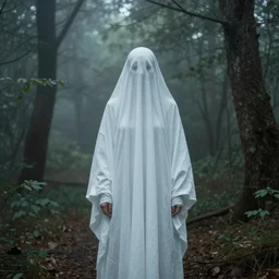 a white female ghost in a forest, 35mm, cinematic atmosphere, mist, photorealistic, depth of field, gloomy