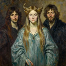portrait of a female charlotte shaman goddess wizard, oil on canvas, by jeffrey catherine jones and denis sarazhin and mucha
