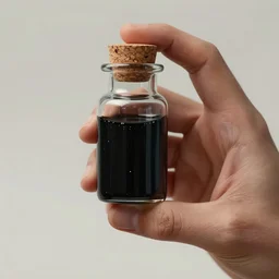 epic professional digital art of a hand holding a single small corked vial of viscous black liquid; mtg art by Volkan Baga, artstation