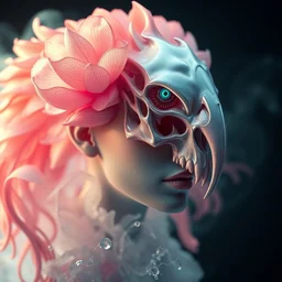 3 d head shot portrait of the face of a beautiful princess, giant flower, depth of field, high contrast and sharpness, jellyfish face skull phoenix bird, translucent, nautilus, smoke and water energy flow. highly detailed, epic. octane render, excellent composition, by wlop, tooth wu, greg rutkowski, beeple