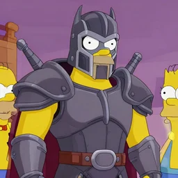 doom slayer wearing helmet and armor guest starring on the simpsons, matt groening style