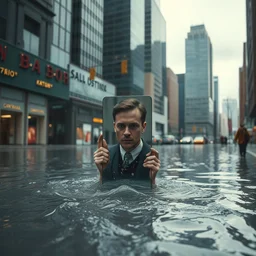 man with a mirror in a city of glass flooded with water