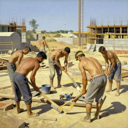 shirtless construction workers labor in the hot sun, art by paul cadmus and george quaintance