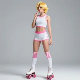 archer with bleach blonde hair, wearing an extremely tight white crop top with pink hem, white booty shorts with pink hem, long white socks with pink stripes, white roller skates with pink wheels, while sucking on a lollipop