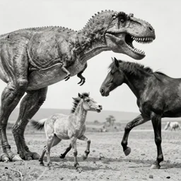 [ [ [ [ [ t rex ] ] ] ] ] and a horse with leg, walk, strange, black and white, photograph, 1 8 5 0 s