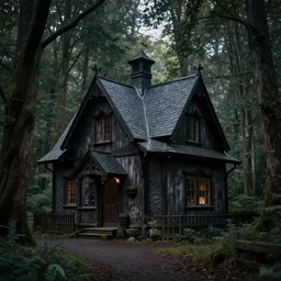 fairytale cottage in mysterious woods, dark and gothic, full frame, art by edward gorey, black and white engraving, vector, vector art